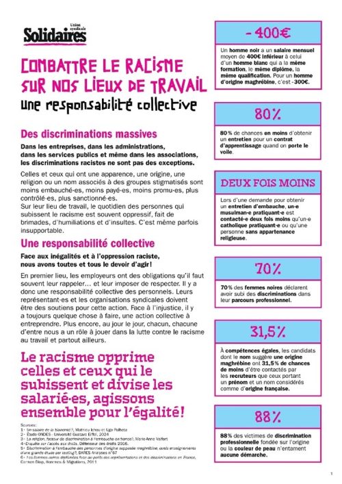 TRACT COMBATTRE LE RACISME SUR NOS LIEUX DE TRAVAIL