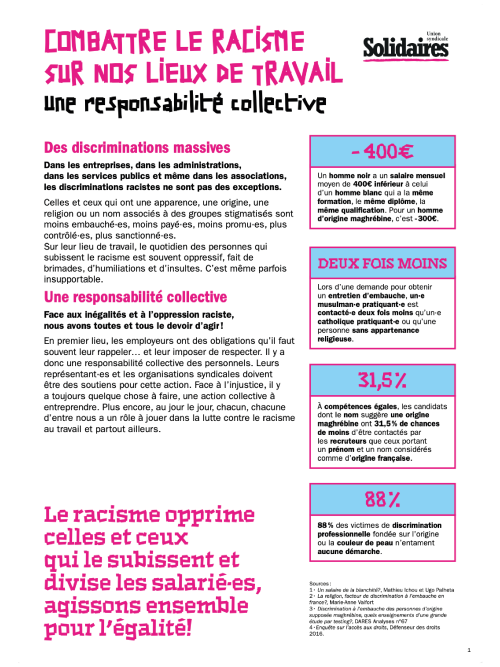 TRACT COMBATTRE LE RACISME SUR NOS LIEUX DE TRAVAIL